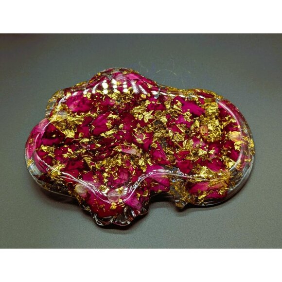 Handcrafted Resin Trinket Tray With Gold Foil Dried Roses & Bird Accent - Picture 4 of 5